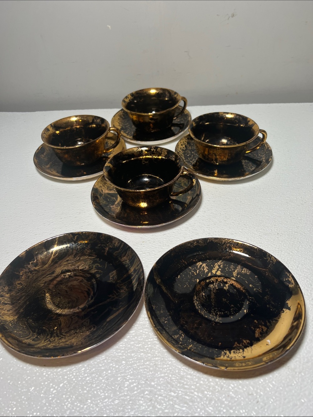 Sascha Brastoff MCM Surf Ballet Set Of 4 Teacups & Saucers 1950s Black/Gold